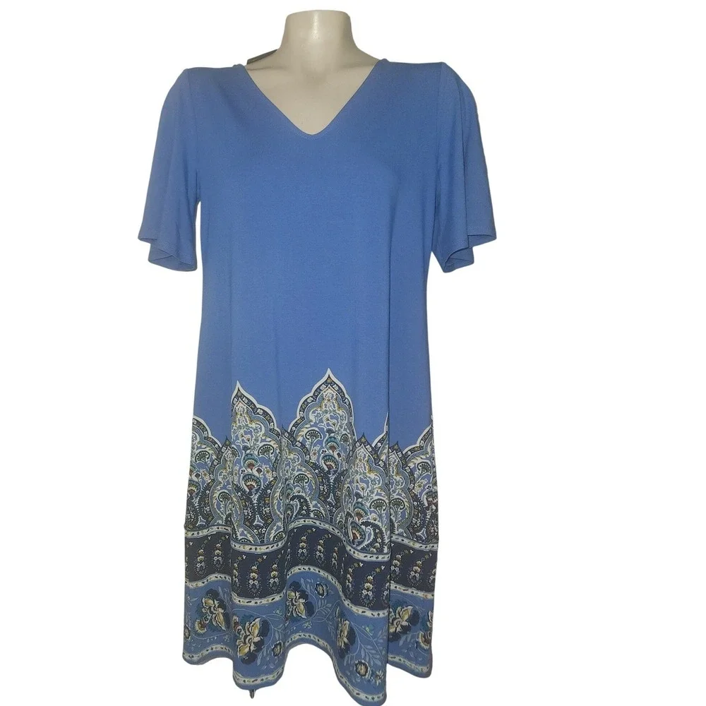 J. Jill NEW Wearever Blue Paisley Border Print‎ V-Neck Shift Dress S